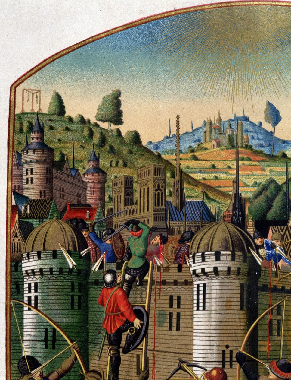 Angrep på Philippe Augustes slott med utsikt over Paris og Montfaucon-galgen under 100-årskrigen, midten av 1400-tallet. (detalj av 14103). av Unknown artist