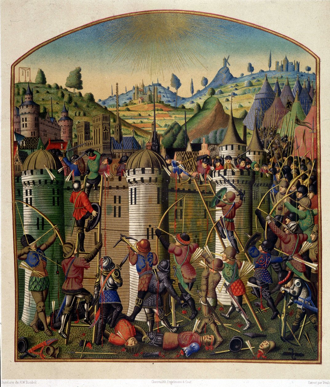 Angrep på Philippe Augustes slott med utsikt over Paris og Montfaucon-galgen under 100-årskrigen, midten av 1400-tallet. av Unknown artist