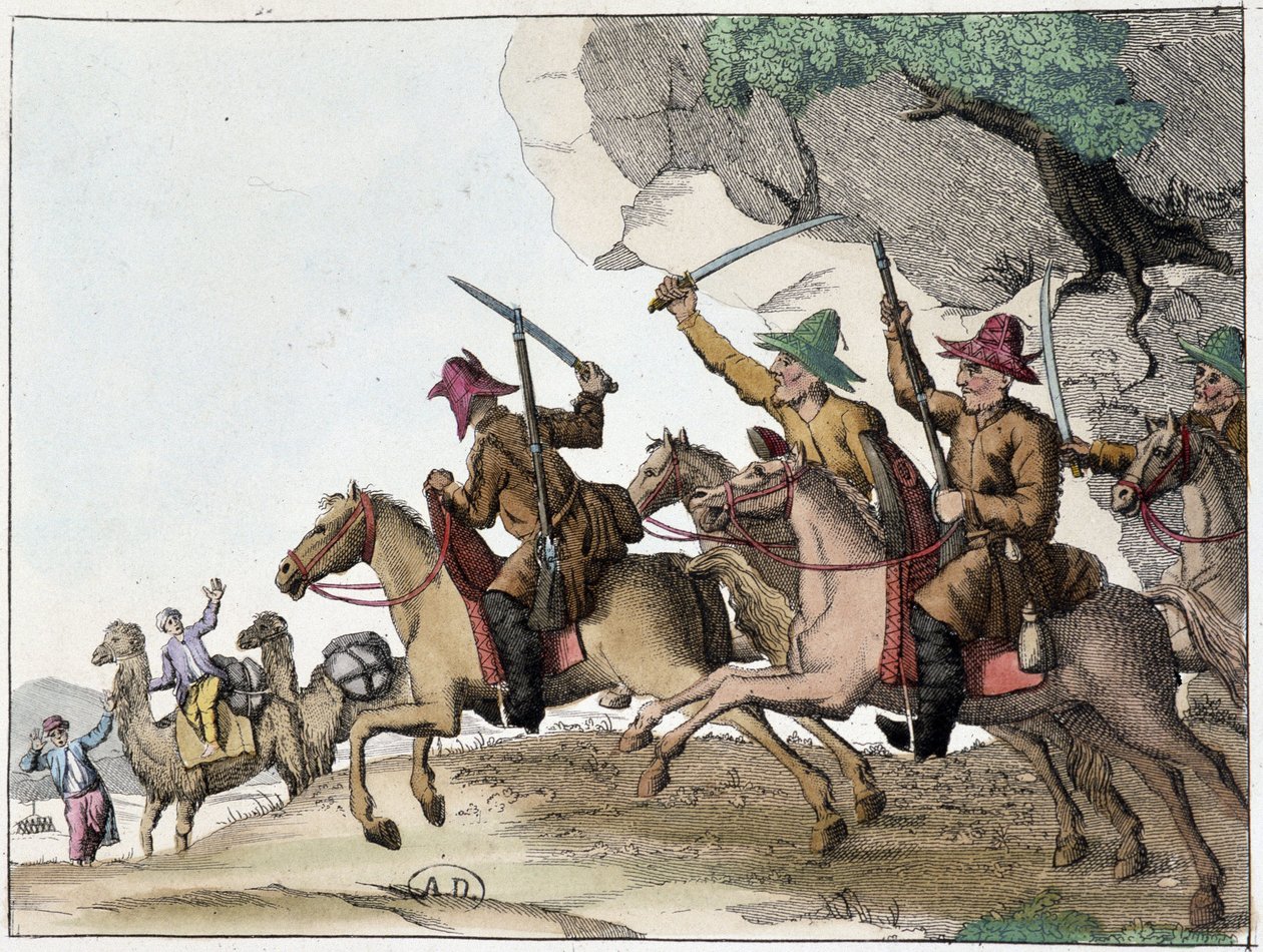 Angrep av kamelkaravane av en gruppe kirgisere (sentralasiatiske tyrkere av mongolsk opprinnelse) på hesteryggen, Deb. 1800-tallet av Unknown artist