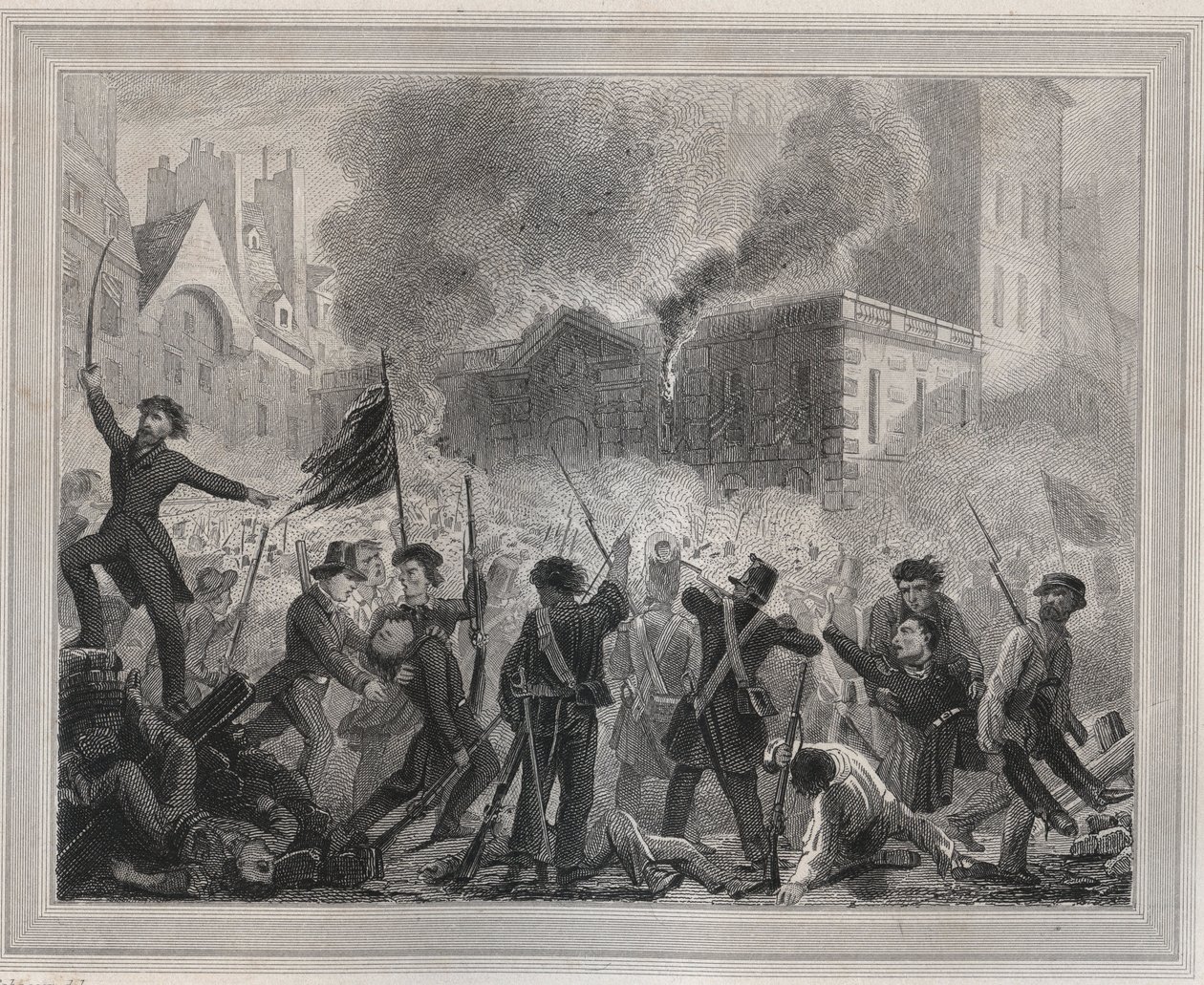 Angrep på Chateau d'Eau - Revolusjon av 1848: "" Brann i slottet av vann plass til det kongelige palasset 24. februar av Unknown artist