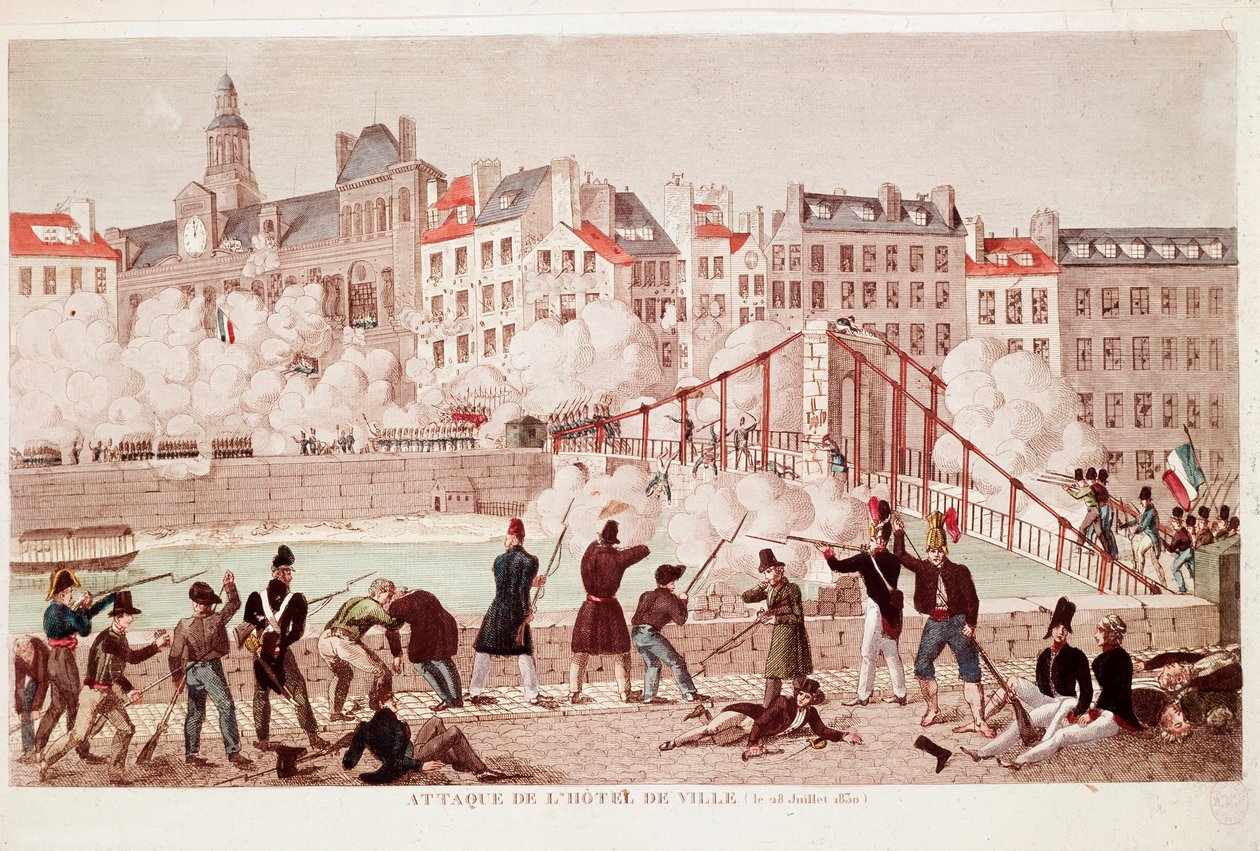 Angrep på rådhuset i Paris og slaget ved Arcola-broen, 28. juli 1830 (Gravering) av Unknown artist