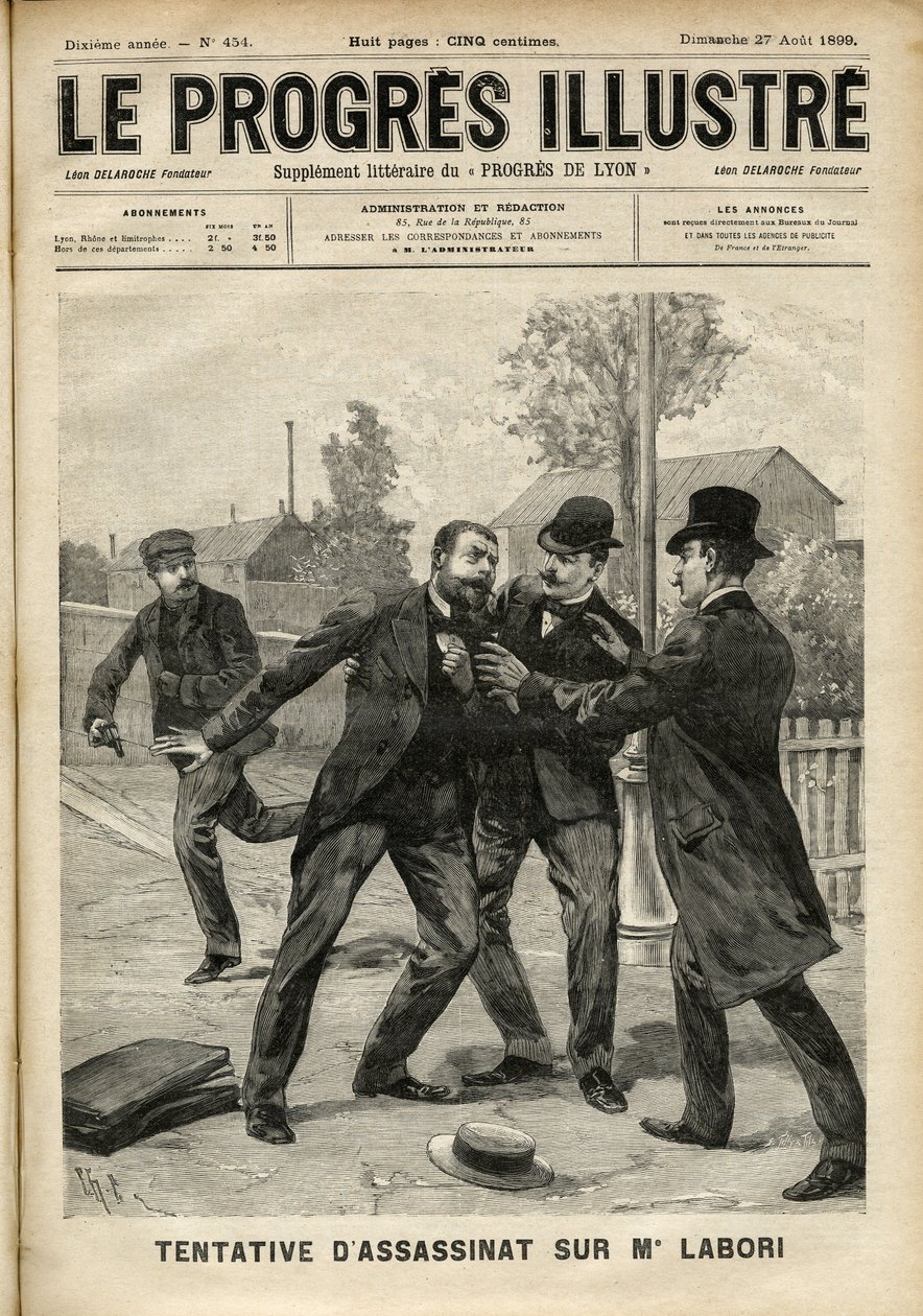 Angrepet på Mr Fernand Labori (1860-1917), en advokat i forsvaret til Alfred Dreyfus (1859-1935), traff med en kule i ryggen i Rennes da han var på vei til stedet hvor saken ble dømt. Omslag til "The Progres Illustré"" fra august 1899 (gravi av Unknown artist