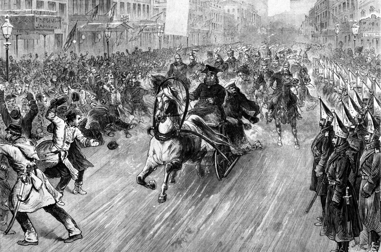 Angrep på tsar Alexander II (1818 - 1881) i St. Petersburg i 1881. Illustrasjon av 1800-tallet. av Unknown artist