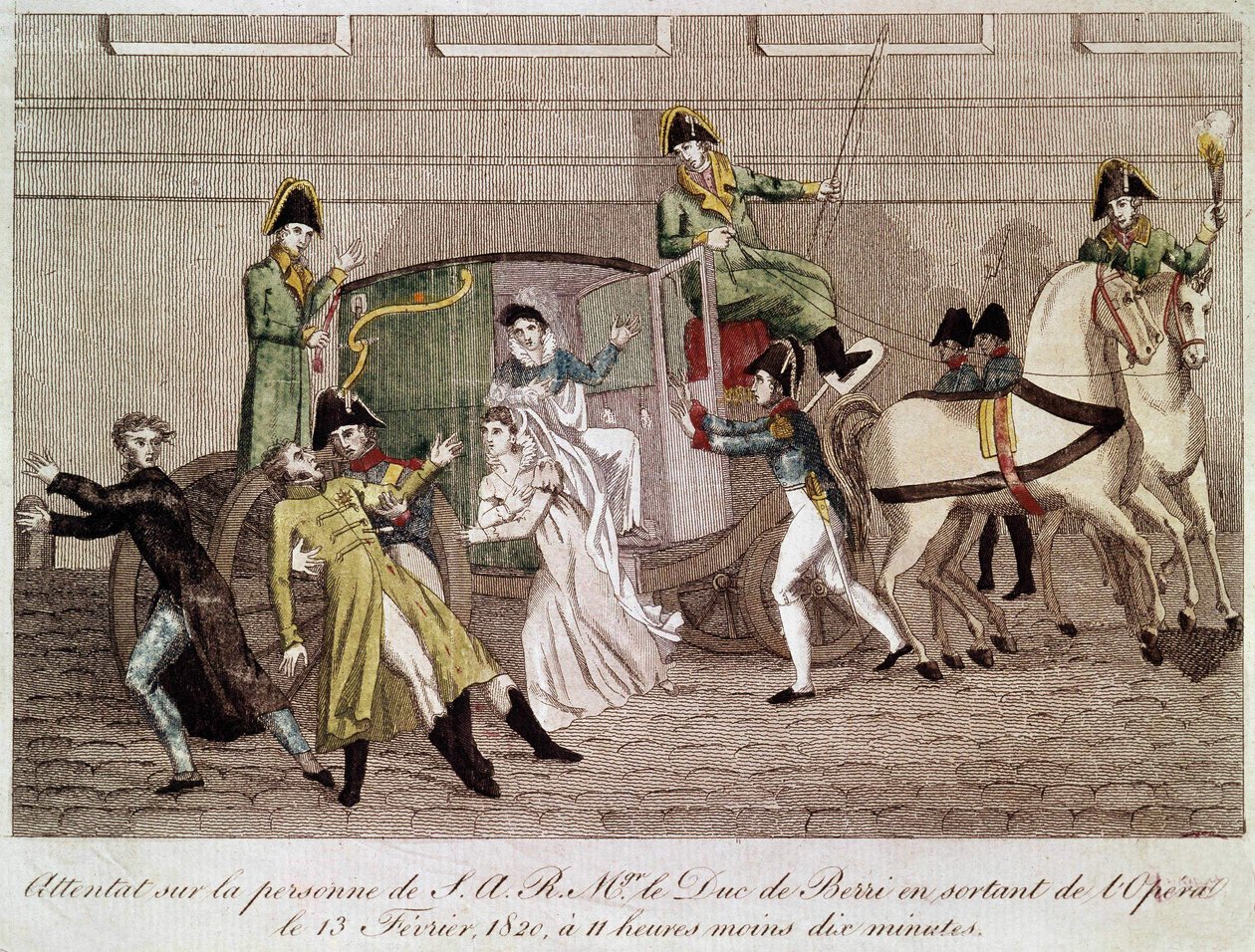 Angrep på hertugen av Berry av Louis Pierre Louvel når han forlot operaen 13. februar 1820. Gravering 1800-tallet. av Unknown artist