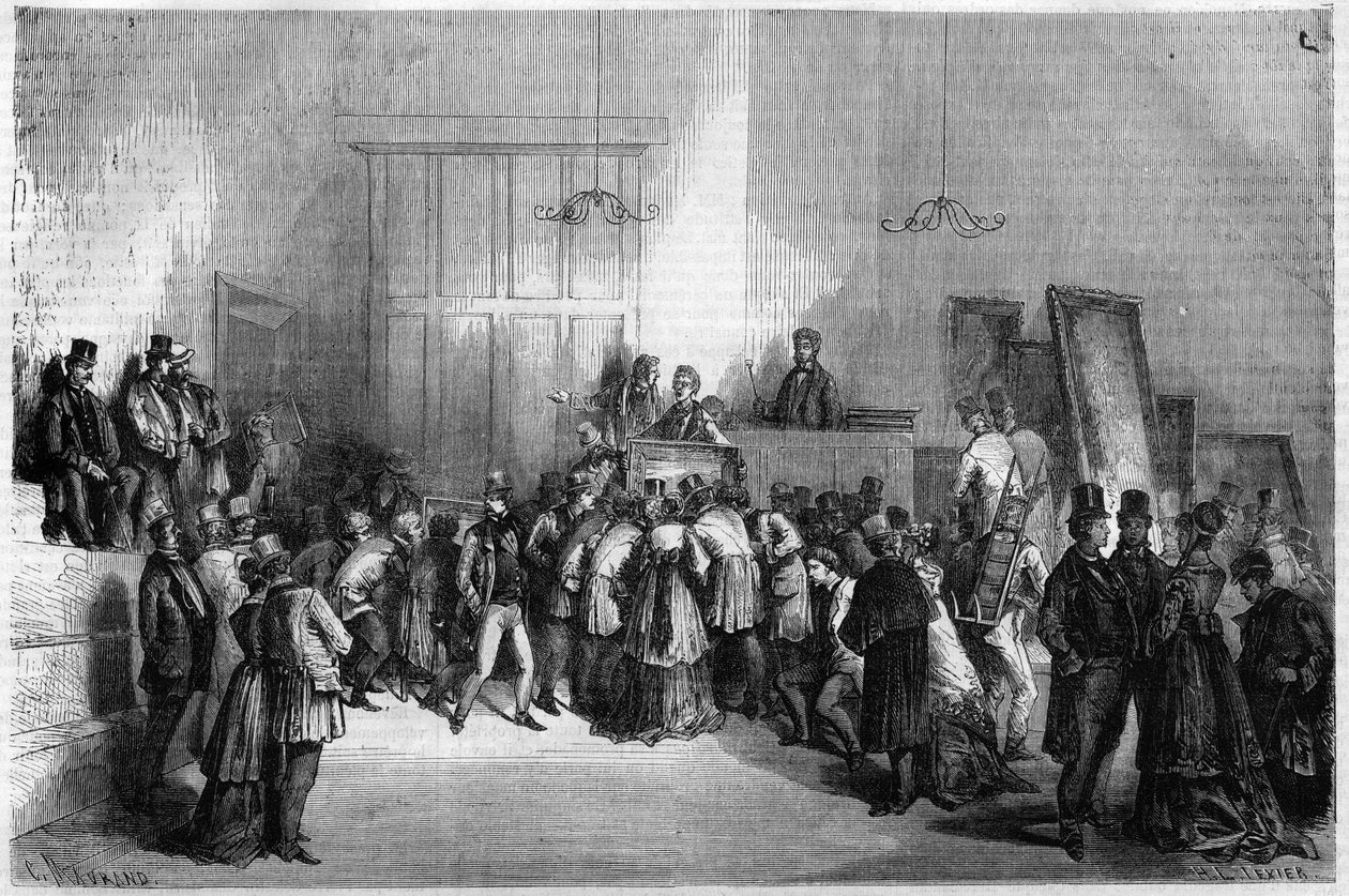 Auction room in Paris: Sale of paintings at the hotel of auctioneers (auctioneers or auctioneers). Engraving in “” The Illustrious Universe”” av Unknown artist