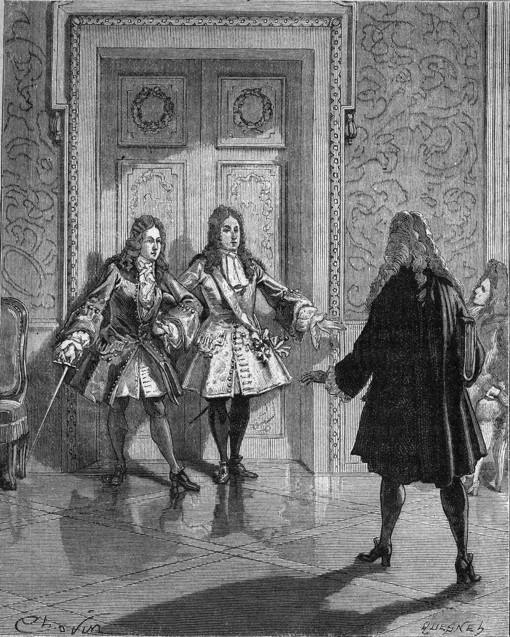 August 1718: Saint Simon (Saint-Simon) (Louis de Rouvroy, hertug av) (1675-1755) blokkerer passasjen til hertugen av Maine (Louis Auguste (Louis-Auguste) av Bourbon) (1670-1736). Gravering fra 1800-tallet. I "History of France" av Jules Michelet av Unknown artist