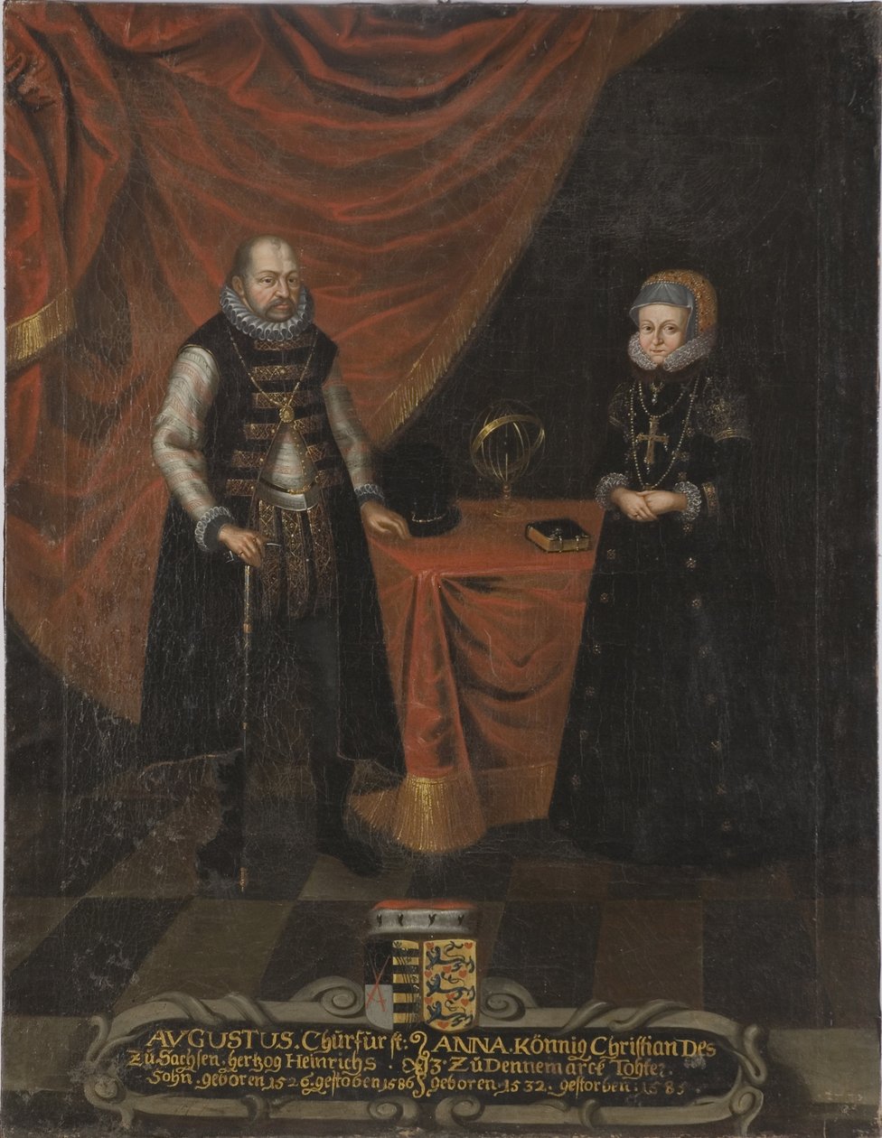 Auguste I, electeur de Saxe et princesse Anne du Danemark - Portrett av Augustus (1526-1586), kurfyrst av Sachsen og Anne av Danmark (1532-1585), kurfyrst av Sachsen, anonym . Olje på lerret. Mål: 103x79,5 cm. Nationalmuseum Stockholm av Unknown artist