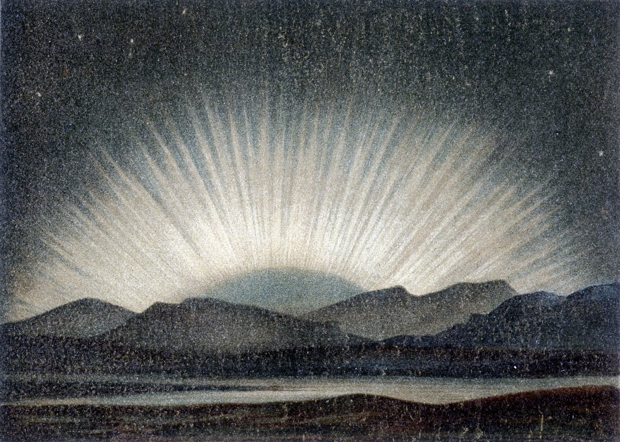 Aurora borealis av 6. august 1871, studert ved Royal Observatory i Edinburgh ved midnatt, ved måneoppgang - ifølge J. Hann "" General Geology"" av Unknown artist