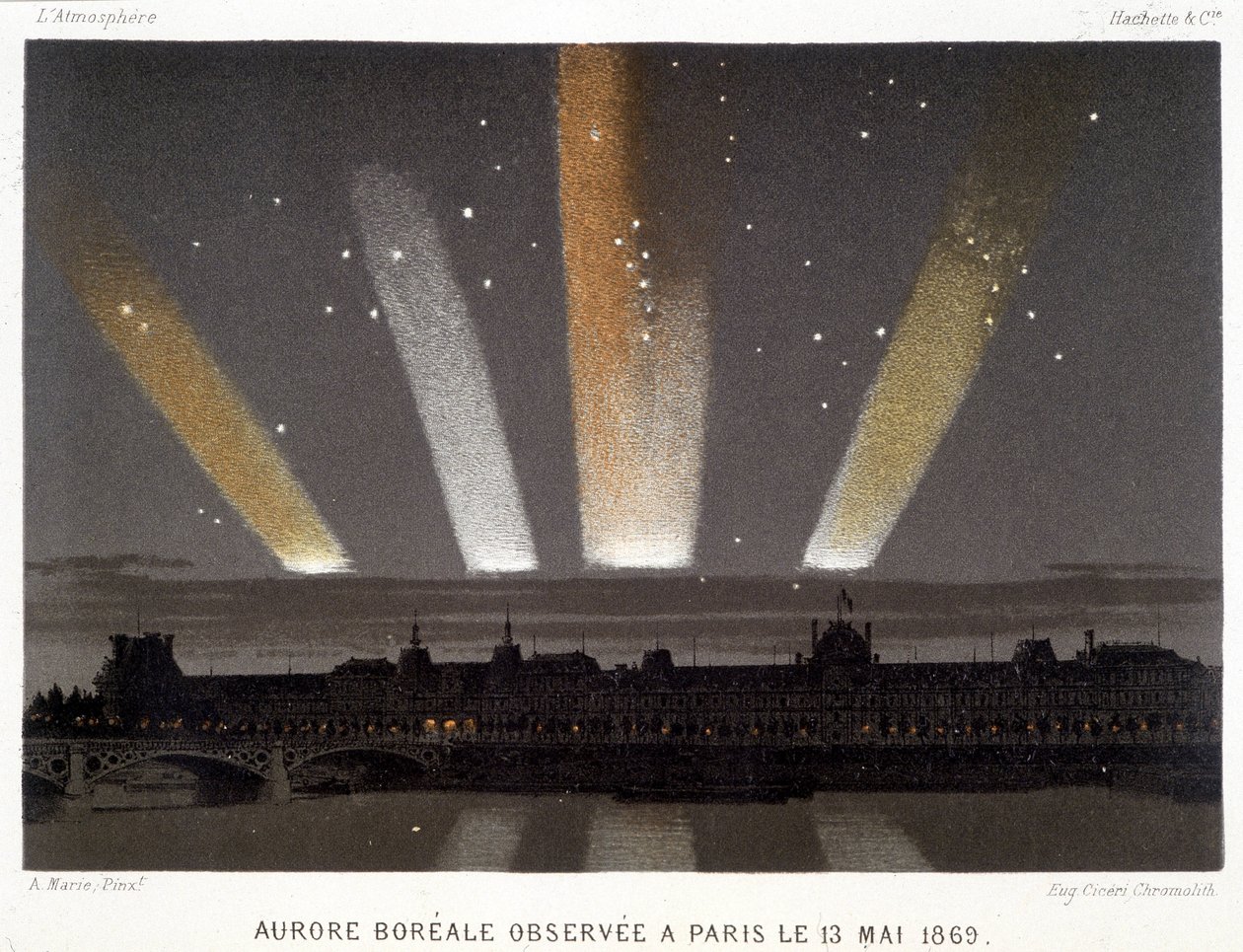 Aurora Borealis observert i Paris 13.05.1869 - i "" Magnetism and Electricity"" av Amédée Guillemin av Unknown artist