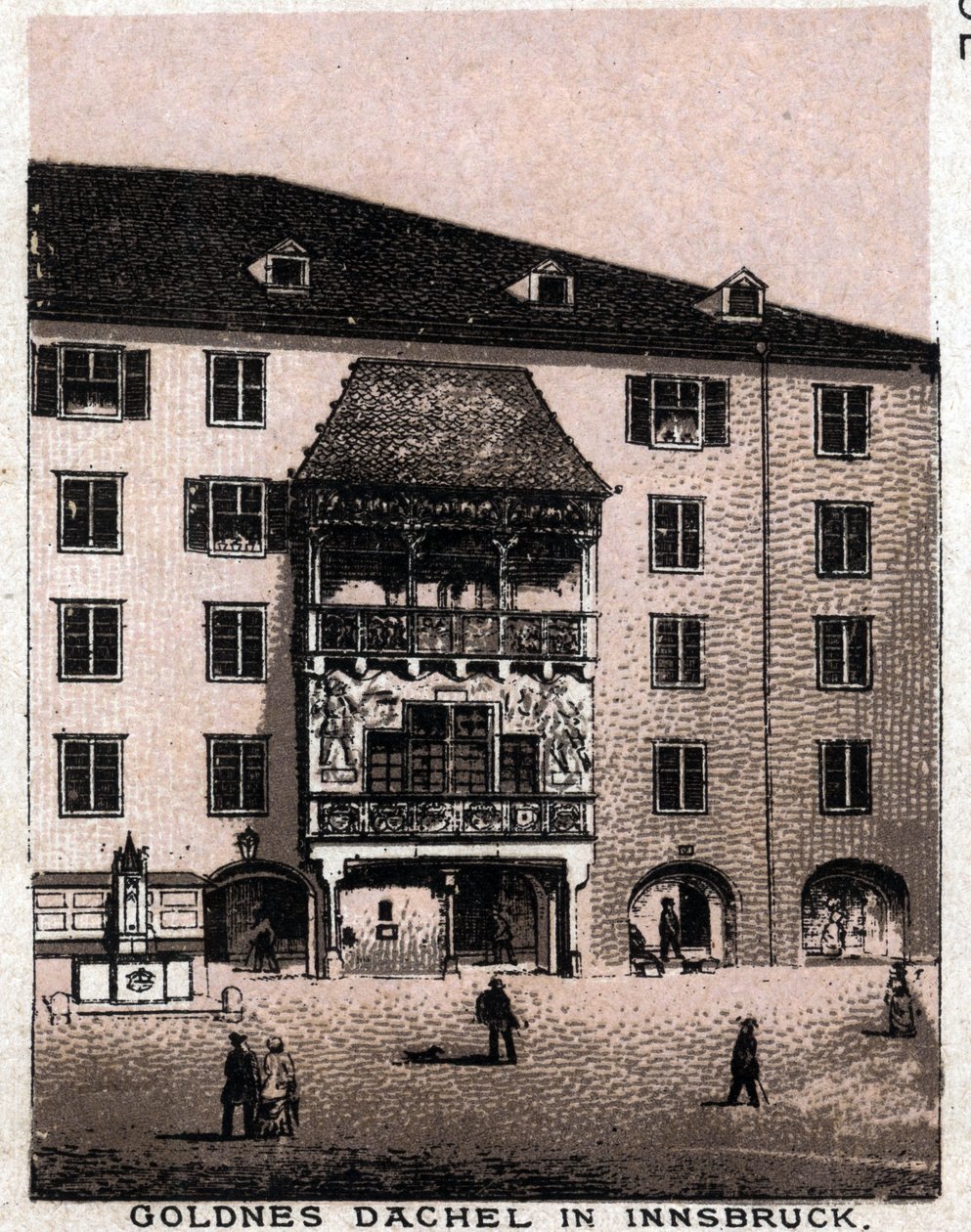Østerrikske Tyrol: utsikt fra balkongen sier det gylne taket (Goldnes Dachel) i Innsbruck. i "" Verden illustrerer 168 visninger"" Udatert (slutten av 1800-tallet) av Unknown artist