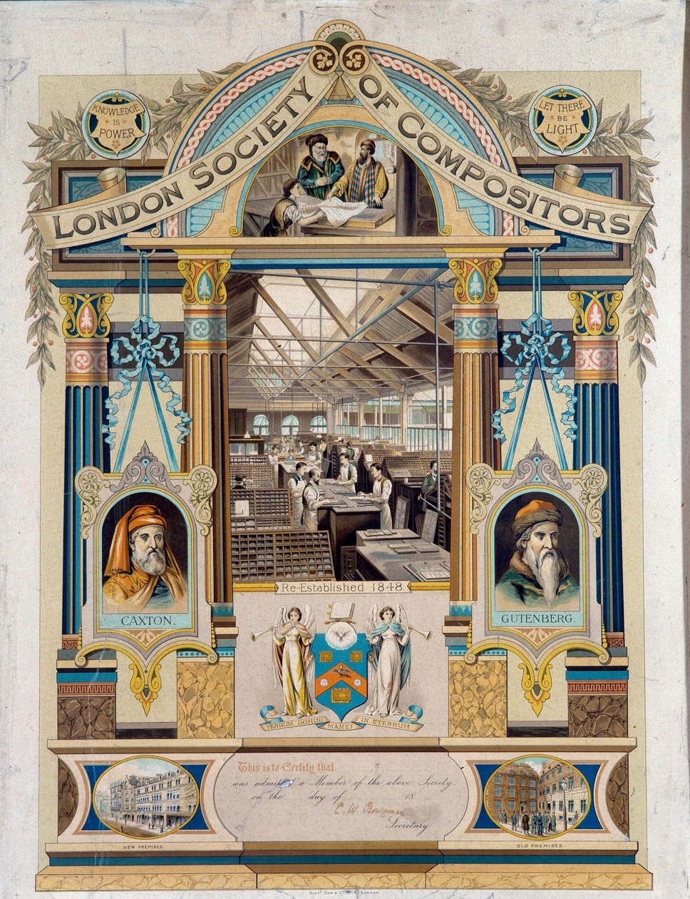 Autografsertifikat for clavist (trykkoperatør) utstedt av Society of Clavists of London. Den er dekorert med portretter av Johannes Gutenberg og Willima Caxton. Privatsamling fra 1800-tallet av Unknown artist