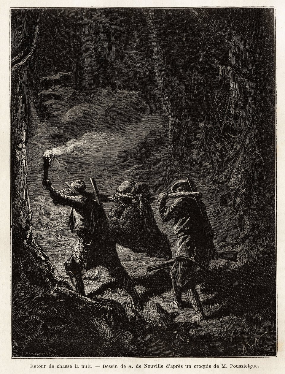 Tilbake fra jakt om natten blir byttet, en bjørn, bundet opp og hengt opp i en gren som jegerne bærer på skulderen. Gravering for å illustrere historien Quatre mois en Florida, av M. Pousselgue, i 1851-1852, publisert i "" le tour du monde", under av Unknown artist