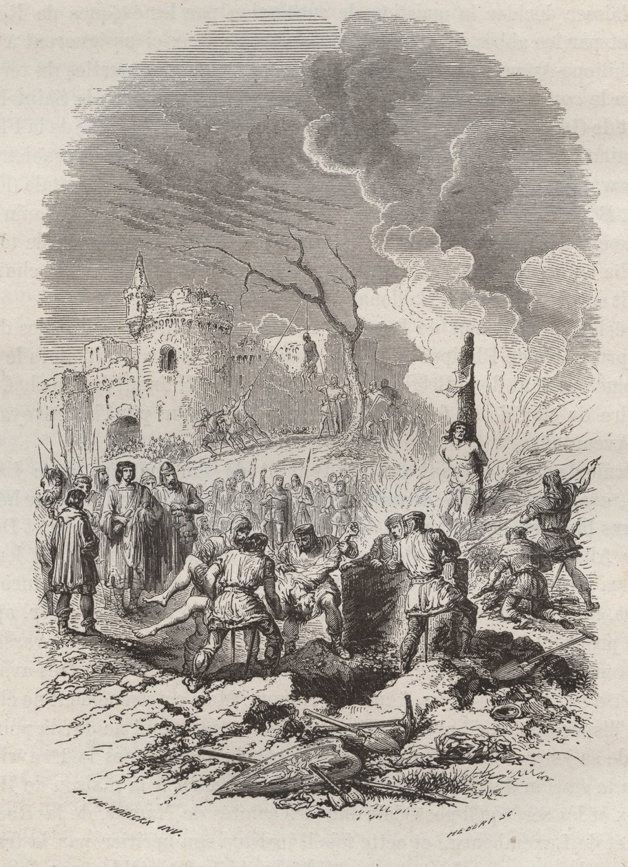 Baldwin V, greve av Flandern (1012-1067) reetablerer politiet i statene - Gravering 1868 i "Belgias historie fra primitive tider til slutten av regne av Leopold I" av Theodore Juste (1818-1888) - Privat samling av Unknown artist