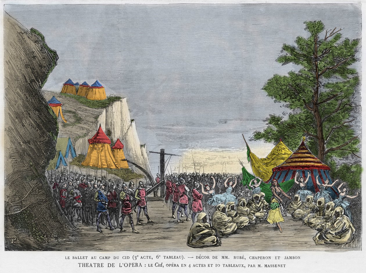Ballettscene i militærleiren til Cid Illustrasjon av "" Le Cid"" opera av Jules Massenet, etter stykket av Pierre Corneille og diktet av Guillen de Castro. Gravering av 1800-tallet av Unknown artist