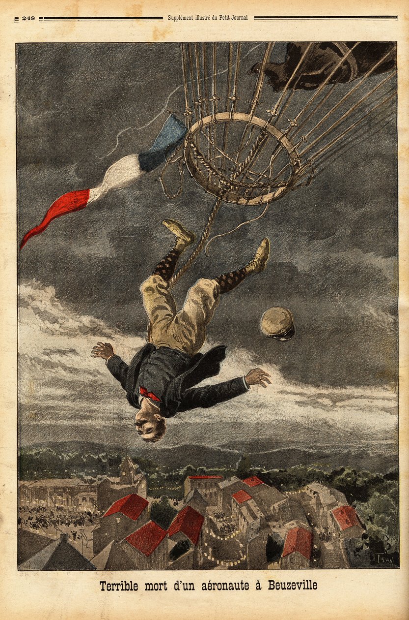 Ballongulykke i Beuzeville, etter tap av gass, mistet luftfarten kontrollen og falt fra ballongen hans, der han hadde gått ombord uten nacelle. Gravering i “” Le petit journal”” 30/7/1899. Selva samling. av Unknown artist