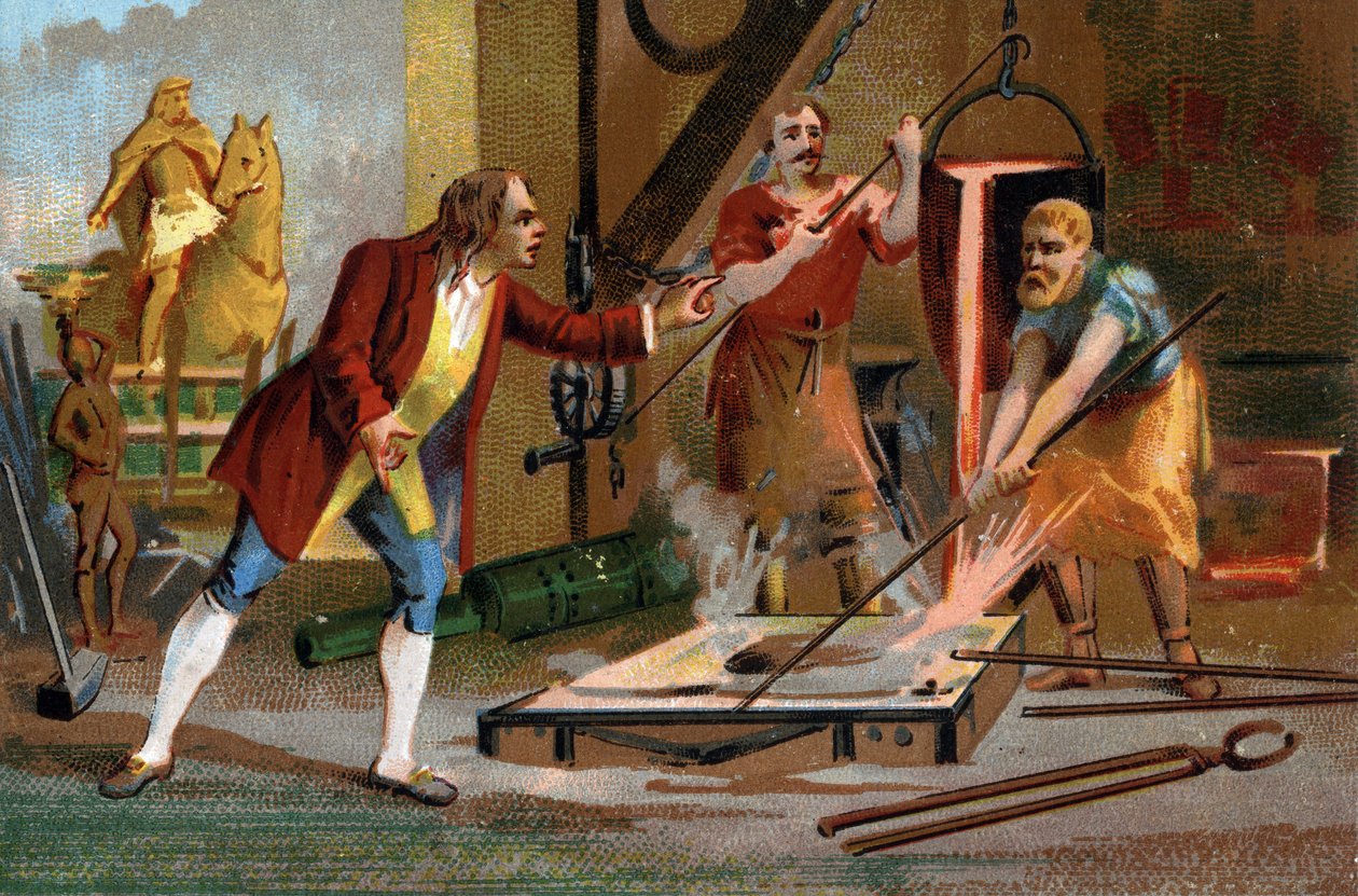 Balthazar Keller (1638-1702), goldfather and founder, bottom of a single jet the first equestrian statue in 1699. Late chromolithography of the 19th century. av Unknown artist