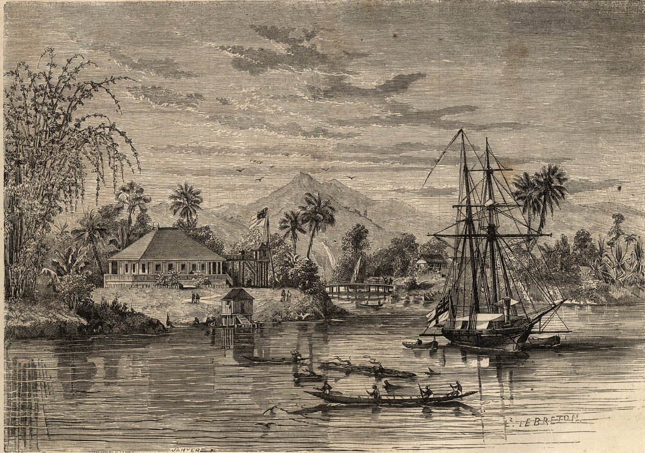 Bangalow, hjemmet til Sir James Brooke, kjent som Rajah of Sarawak (1803-1868) britisk eventyrer første hvite rajah av Sarawak i nærheten av Sarawak (Borneo). Gravering i “Le Monde illustrious”” fra 1857. Privat samling. av Unknown artist