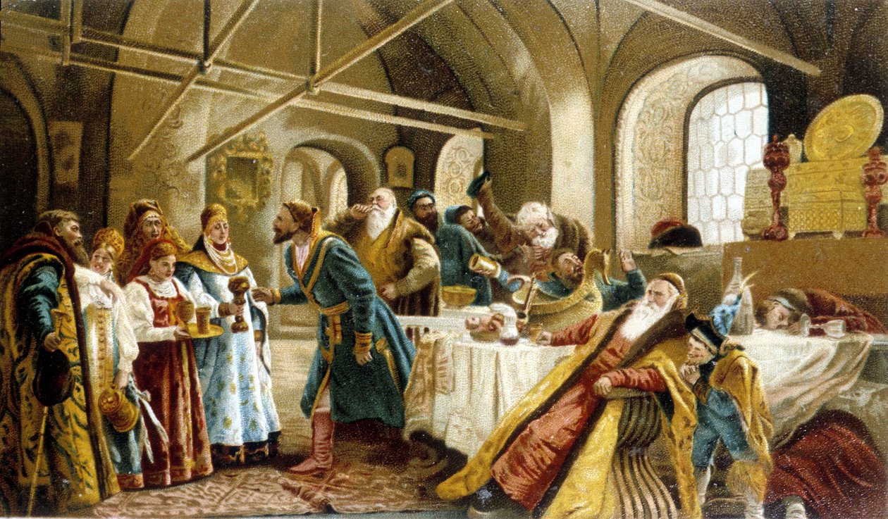 Bankett i anledning guttebryllup (boyard, boyar) i Russland. av Unknown artist