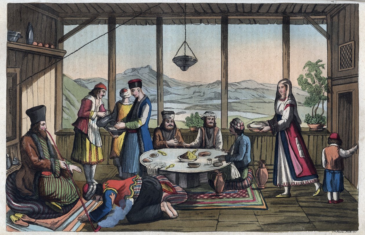 Bankettscene i Hellas på 1800-tallet - gravering fra "" skikker og tradisjoner til alle folkeslag i universet. Det vil si historien om regjeringen, lovene, militsen, om religionen til alle nasjoner fra de fjerneste tider til i dag "1856 av Unknown artist