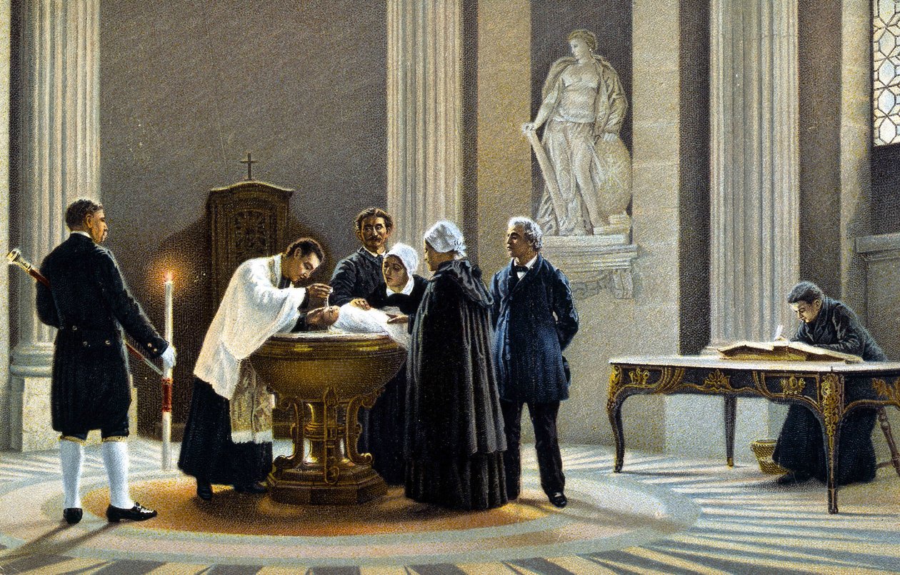 Dåp av en baby i en kirke. 1800-talls kromolitografi. av Unknown artist