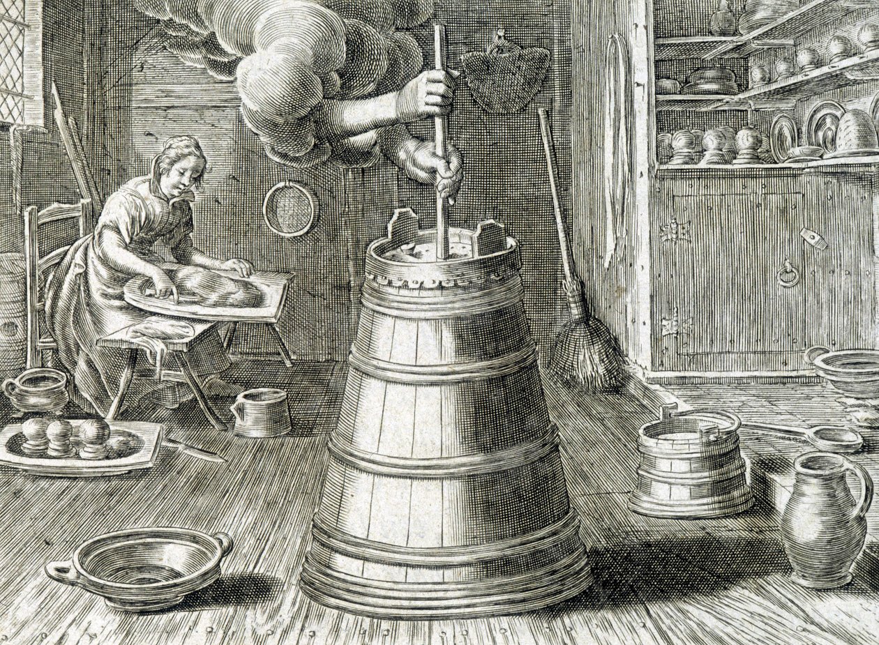 Baratte for smør- og ostefremstilling - gravering av Unknown artist