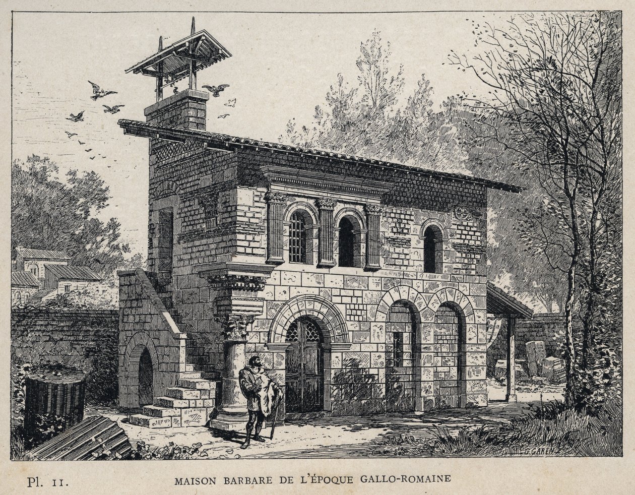 Barbarian House of the Gallo Roman Period (Gallo-romersk) - (Barbarian House Gallo Roman era) gravering fra 1889 i "History of human habitation at the Universal Exhibition of 1889, by Mr Charles GARNIER - Librairie centrale des beaux-arts Paris 1889 av Unknown artist