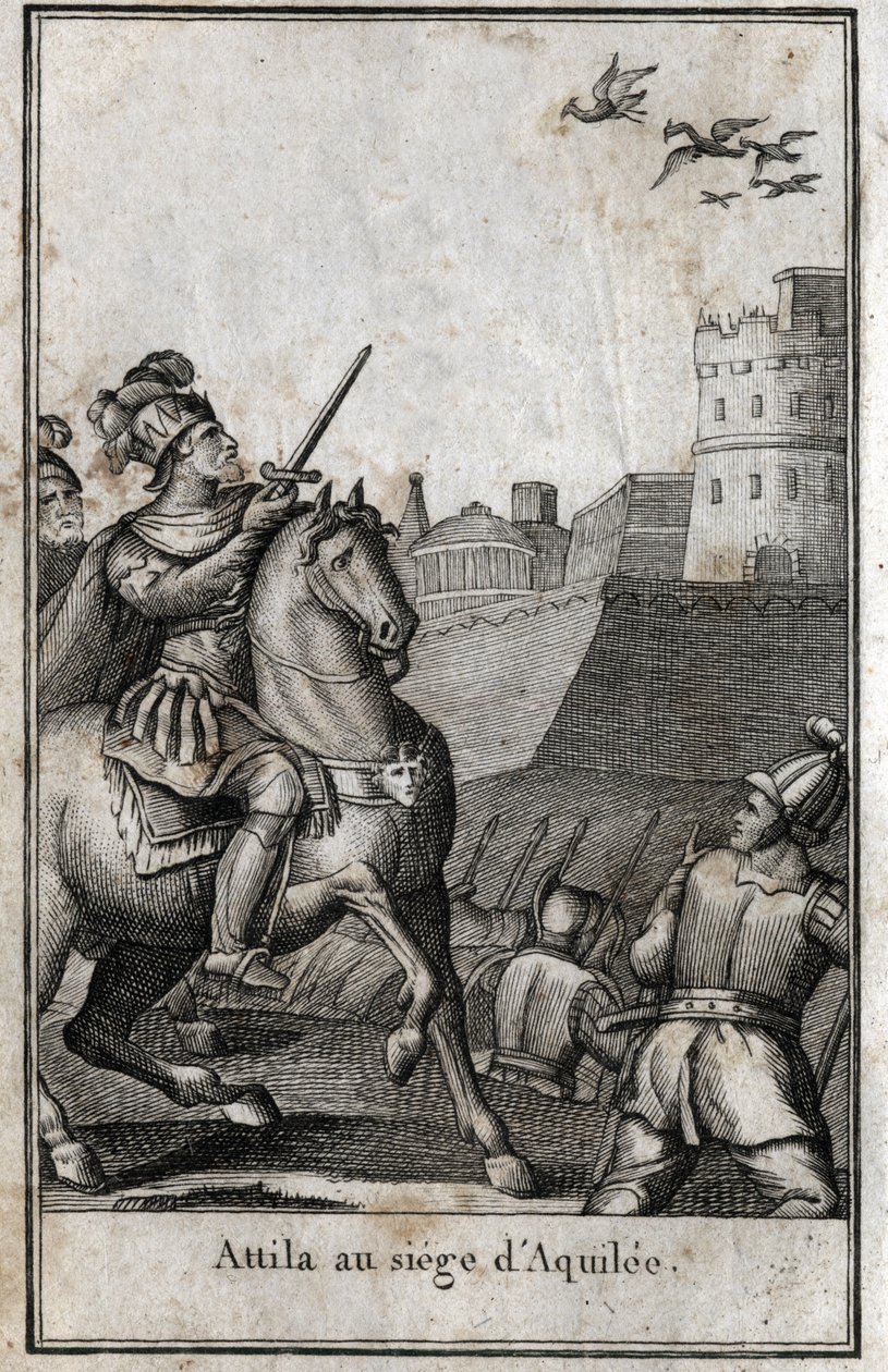 Barbarian invasions - Attila (ca. 406-453), king of the Huns, during the siege of Aquilee (Aquileia) in Italy, 452. Engraving in “Beaute de l