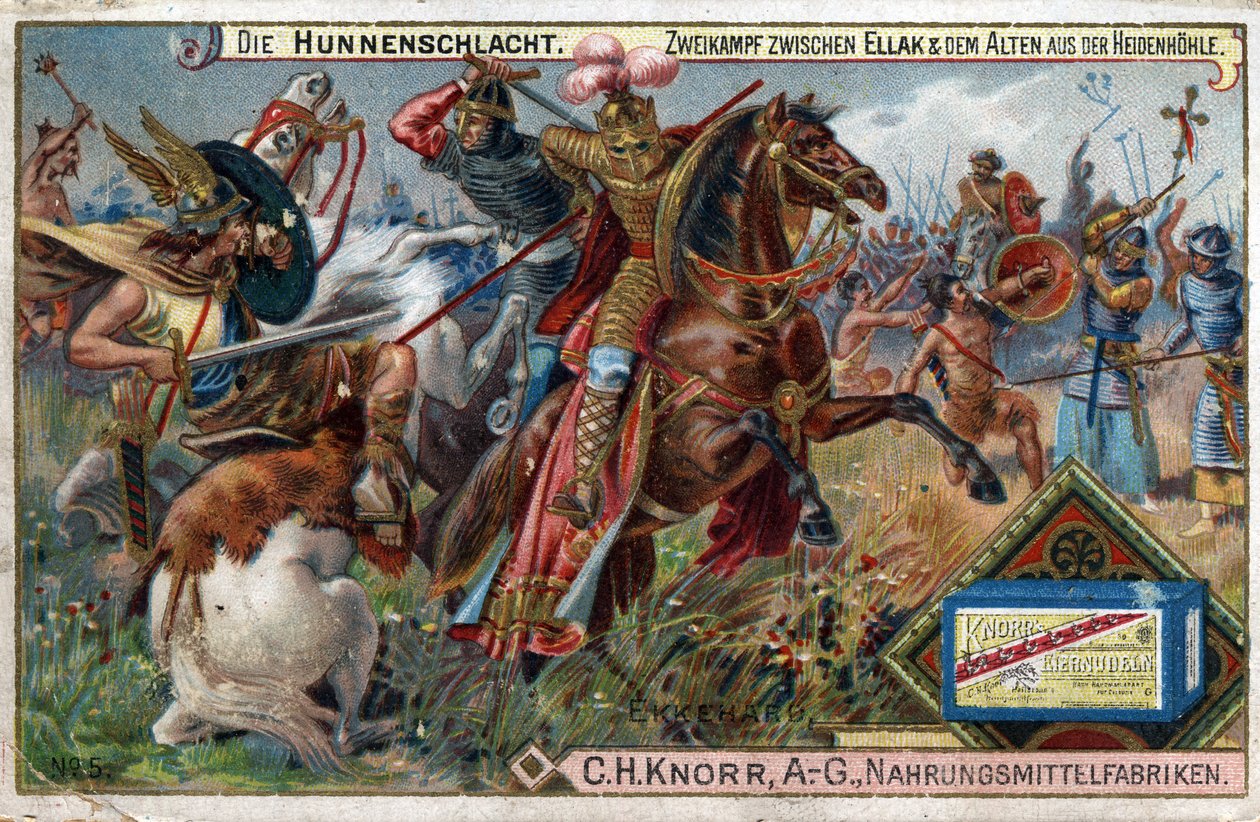 Barbarian invasions - History of Ekkehard IV of St. Gallen or Eckhard, Eckhart (980 -1057) erudit, and Latin poet. Battle of the Huns. A singular battle between Ellak and the elder of the Heidenhohle. av Unknown artist