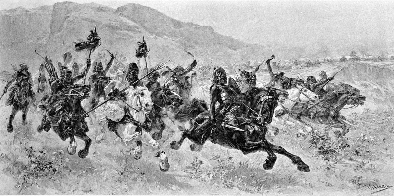 Barbariske invasjoner - Les Huns - Gravering av U. Checa av Unknown artist