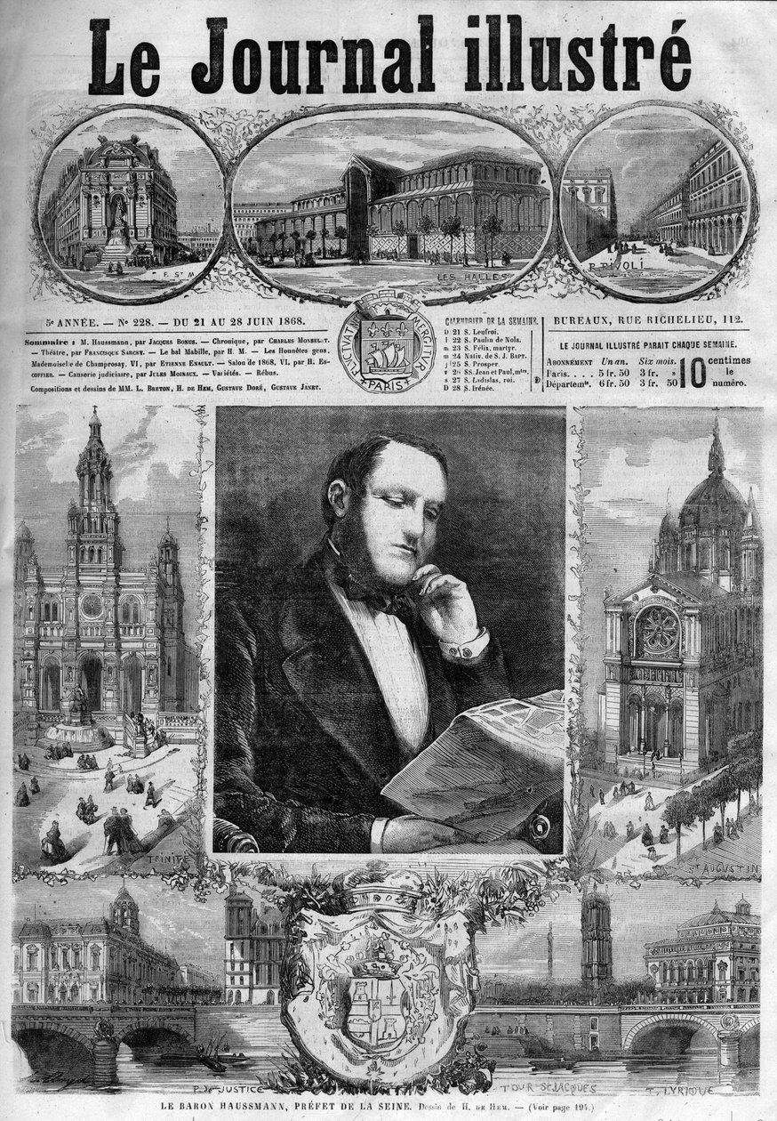 Baron Georges Eugene Haussmann, prefet av Seinen i 1868 - forsiden av "Illustrous Journal" fra 1868 av Unknown artist