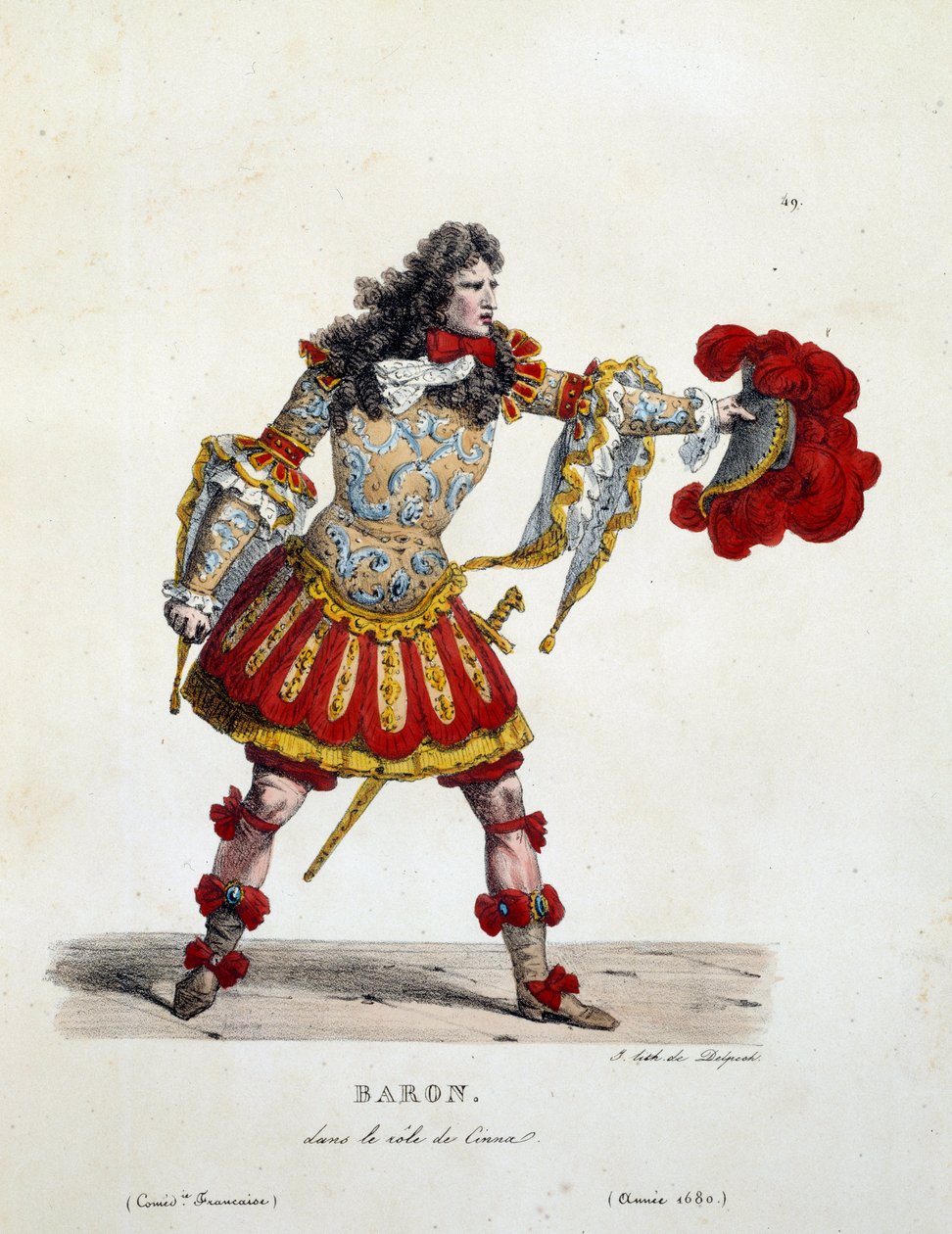 Baronkostyme i rollen som Cinna i 1680. Kostyme av fransk komedie av Hippolyte Lecomte (1781-1857). Gravering av 1800-tallet. Coll. La oss gå. av Unknown artist