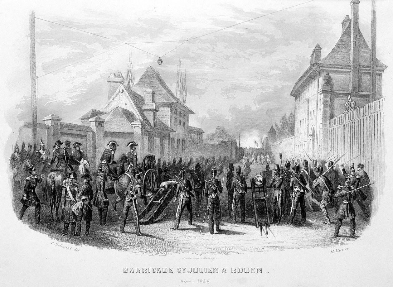 Barricade Saint Julien i Rouen, april 1848 - i "Fasttes de Gardes Nationales de France"" av Unknown artist