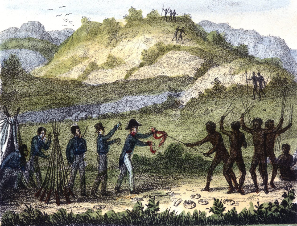Byttehandel mellom de innfødte og vestlendingene etter "" Razze e popoli della Terra", tidlig på 1800-tallet. av Unknown artist
