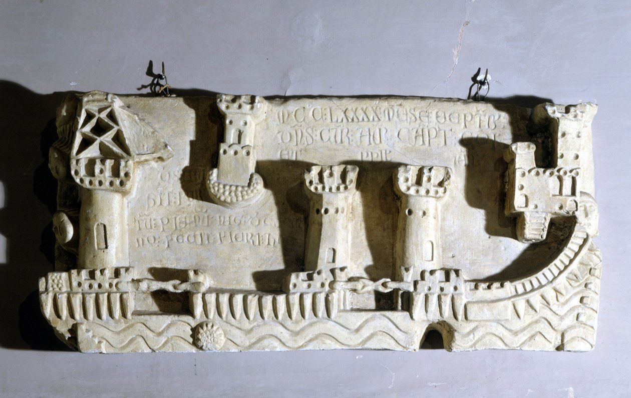 Bas-relieff som representerer den gamle havnen i Pisa. Vi legger merke til at lenkene blokkerer tilgangen til havnen, tatt av Genova som et trofé etter slaget ved Meloria mot Korsika. Genova, marinemuseet i Pegli. 1290. av Unknown artist