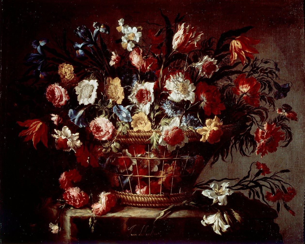 Kurv med blomster (olje på lerret av Unknown artist