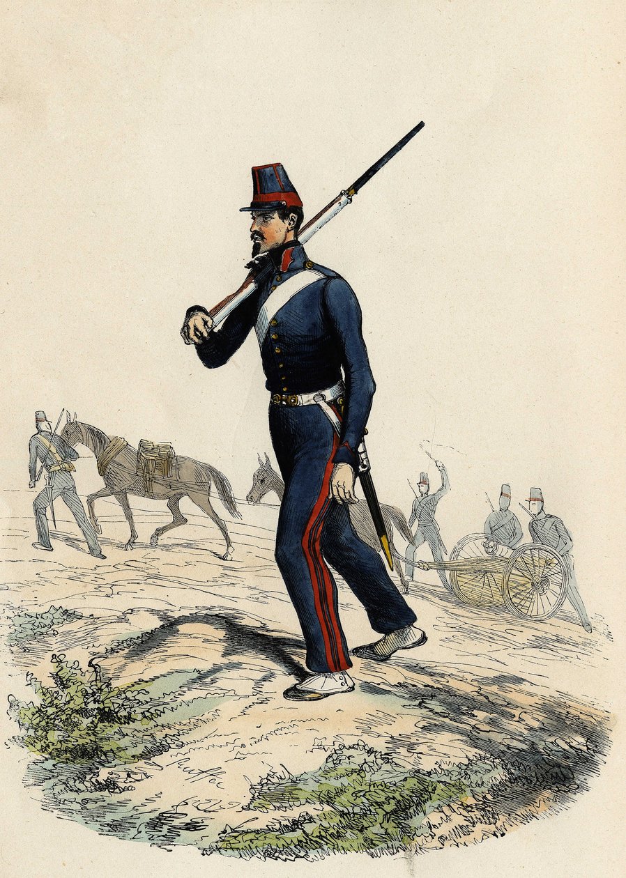 Fransk hærs fjellartilleribataljon i Algerie i 1830, i "Ancient and Modern Algeria" av Leon Galibert av Unknown artist