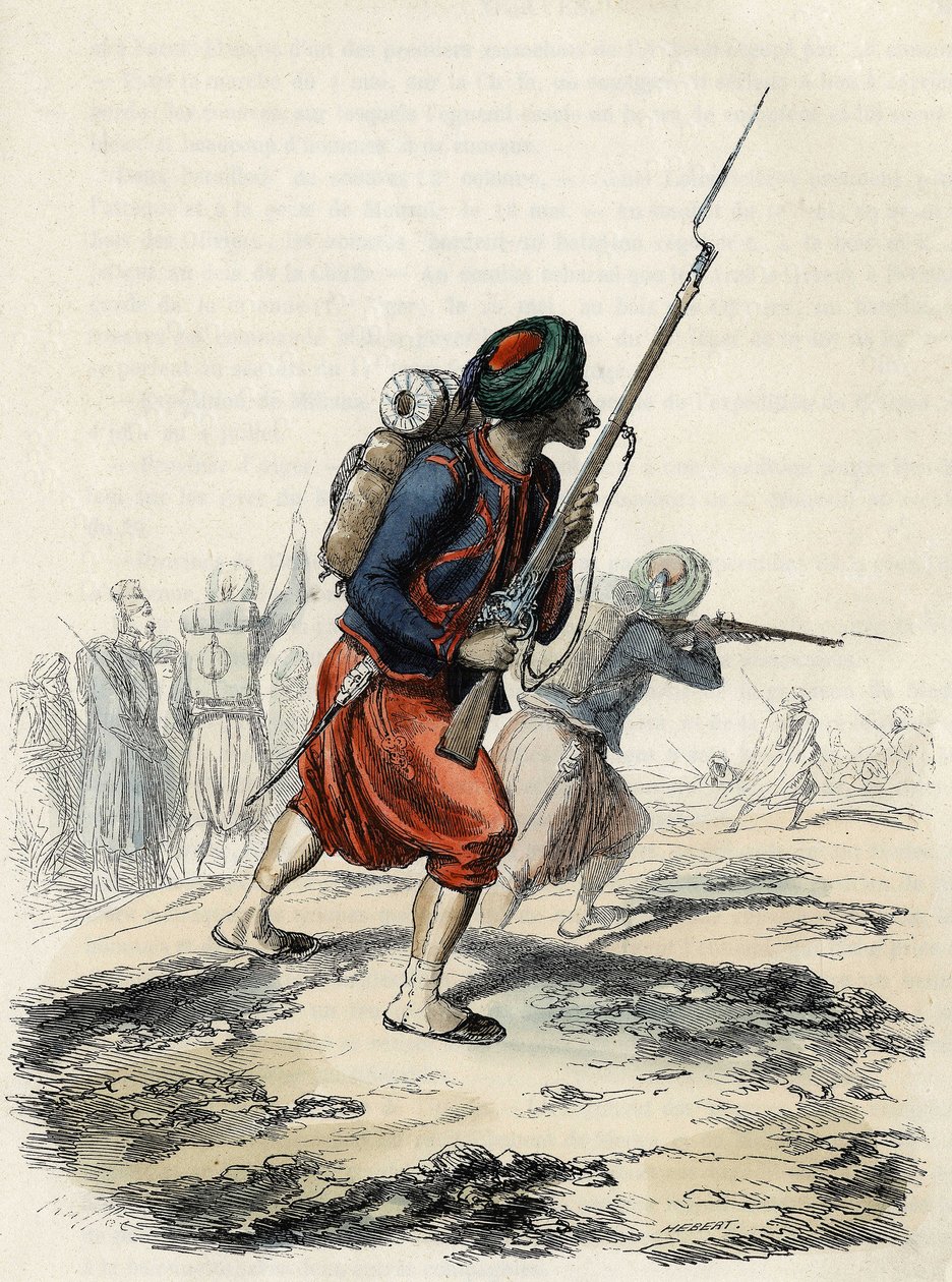 Bataljon av Zouaves fra den franske Armee, sammensatt av innfødte, dannet av general Clausel i 1830 for ekspedisjonen av Atlas til Algerie, I "" L'Algerie ancienne et moderne"" av Leon Galibert av Unknown artist