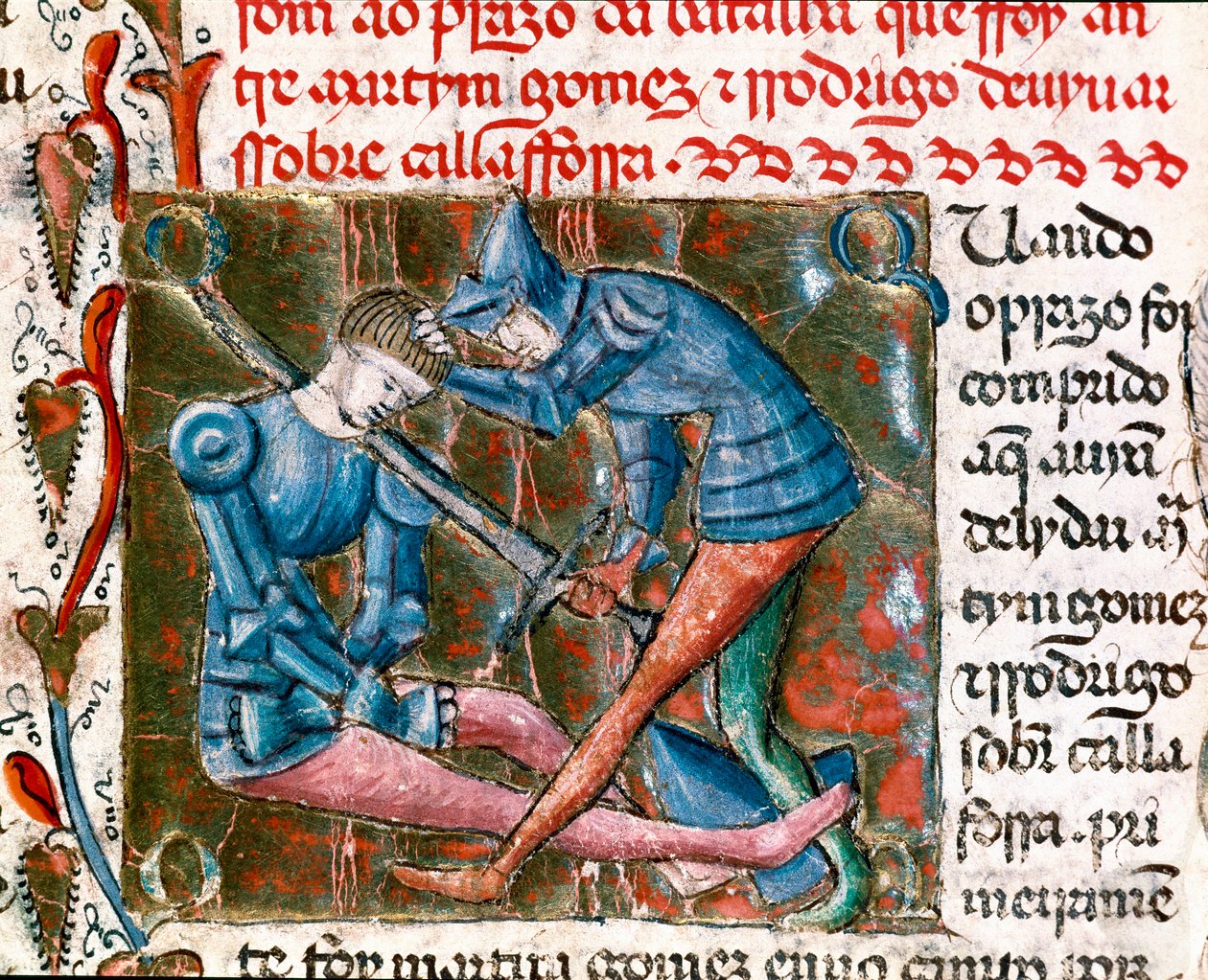 Kamp mellom Rodrigo Diaz de Vivar dit Le Cid (1043-1099) og Martin Gomez. Miniatyrbilde "" Chronicles of Spain"" av Unknown artist