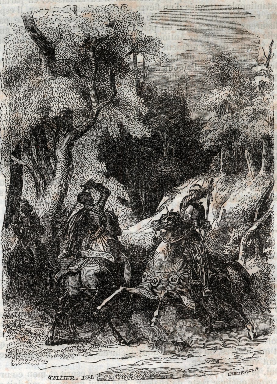 Slaget mellom Roland og Ferragus - gravering av 1851 fra "" Furious Roland"" (Orlando furioso) (1500-tallet) av Ludovico Ariosto, kjent som Ariosta - utgave oversatt fra italiensk av greven av Tressan og utgitt av Gustave Harvard 1851 av Unknown artist