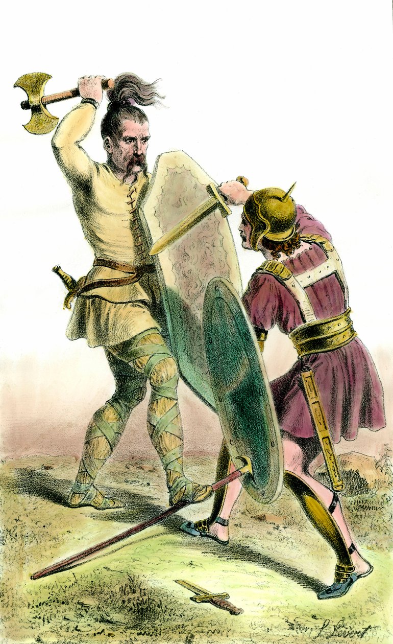 Kamp mellom en franc-soldat og en romersk soldat. 1800-talls gravering privat samling av Unknown artist