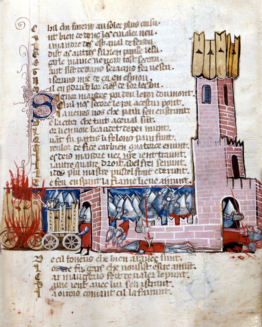 Kamp i et slott. Tankene står i brann. Manuskript fra 1200-tallet. Marciana Venezia. av Unknown artist