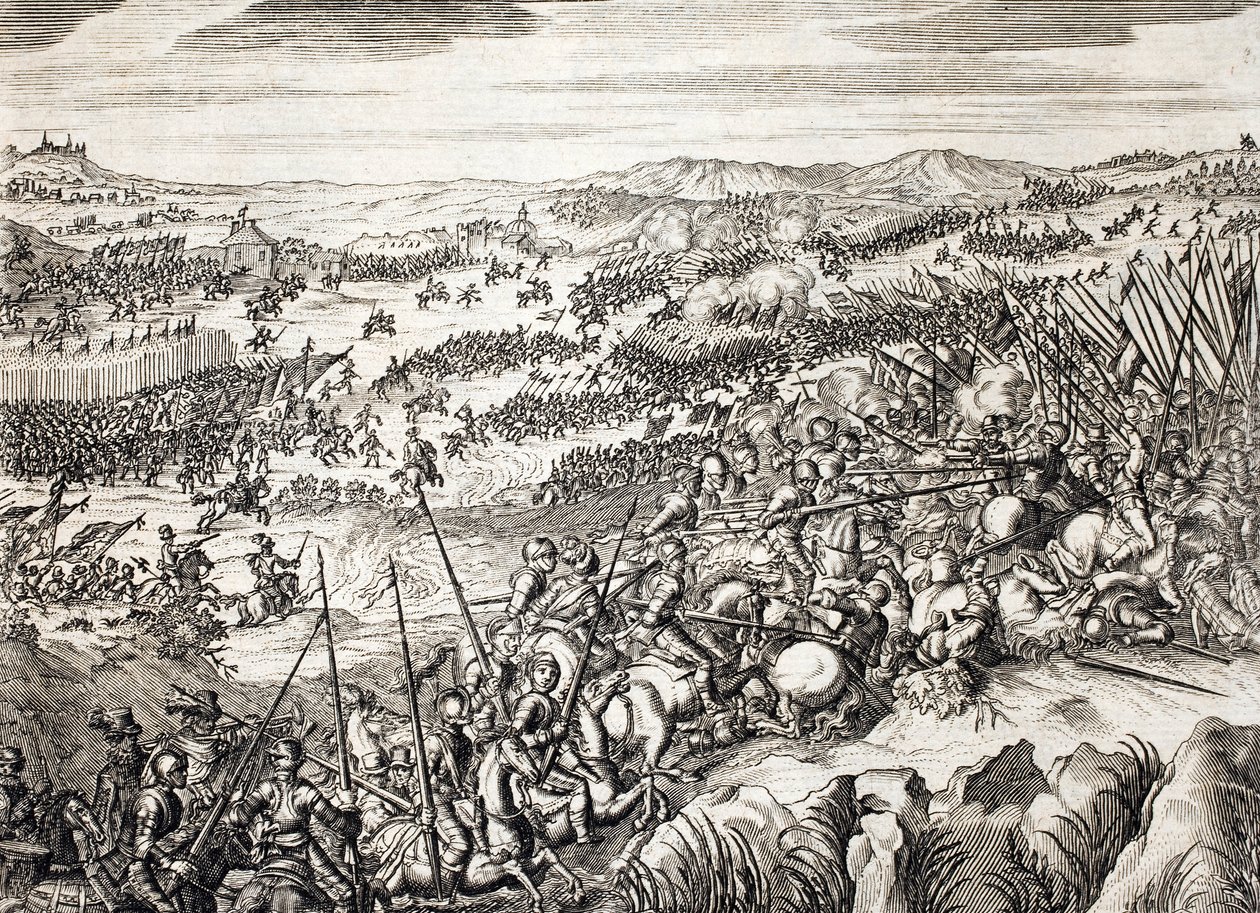 Slaget ved Gembloux (1578) (Slaget ved Gembloux) Spansk hær mot hæren til 16 av de sytten provinsene i Nederland - gravering i "Histoire De La Guerre Des Paisles-Bas" av Famiano Strada (1572-1649) av Unknown artist