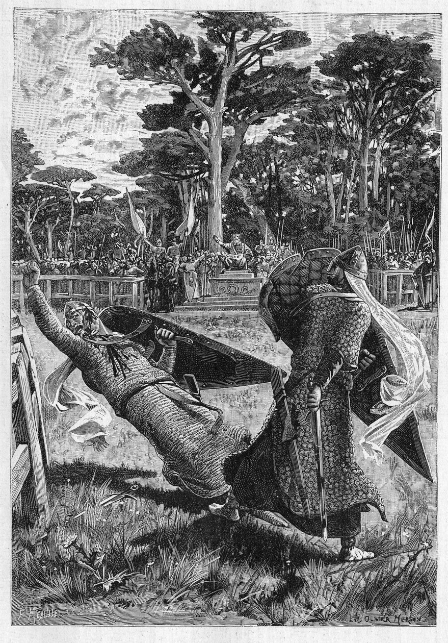 Battle of Knights Pinabel and Thierry in the Middle Ages (Middle Ages) in France. Illustration of the novel “La chevalerie”” by Leon Gautier (1832-1897). Engraving in “” Le Monde Illustré”” av Unknown artist