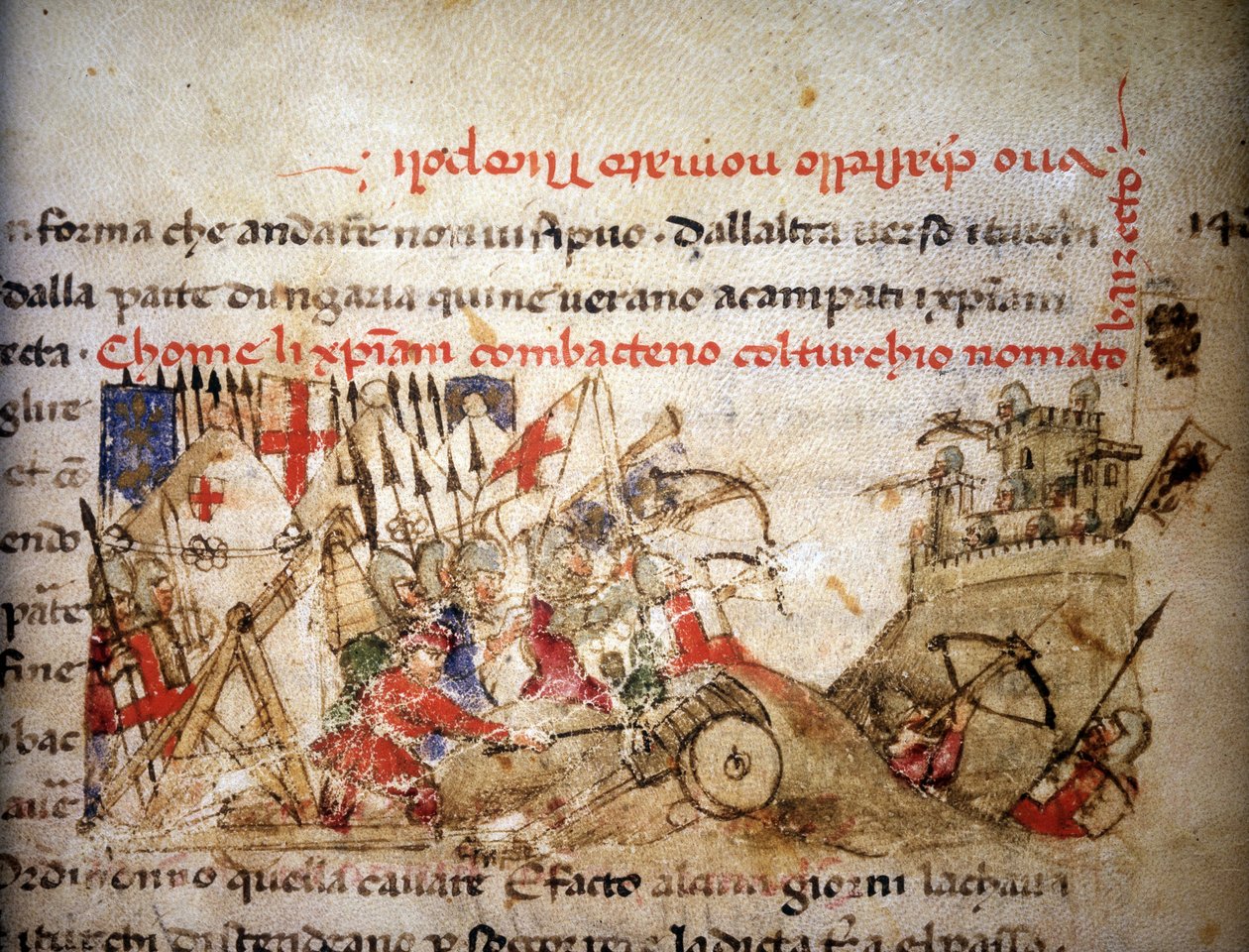 Slaget ved Nicopolis: de kristnes nederlag av Bayazid I (Tyrkia), 28.09.1396 - i "" Croniche del Sercambi"", ca. 1400. Nasjonalarkivet, Lucca. av Unknown artist