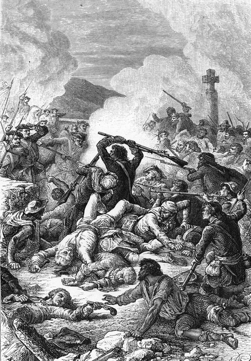 Slaget ved Ponte Novu på Korsika mellom den franske hæren ledet av Comte de Vaux og de korsikanske troppene til Pasquale Paoli, 9. mai 1769. 1800-tallet (gravering) av Unknown artist