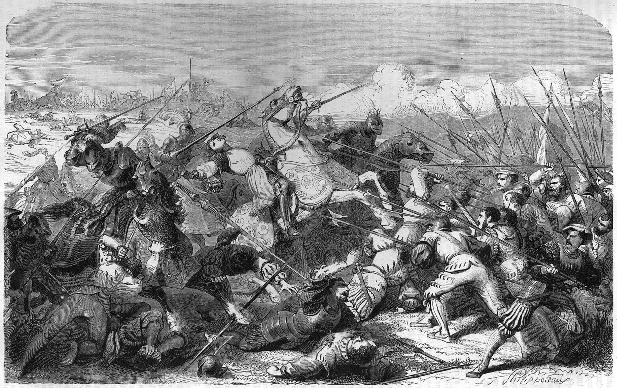 Battle of Ravenna (Italy), death of Gaston of Foix Duke of Nemours (1489-1512) on 11 April 1512. Engraving of the 19th century. av Unknown artist