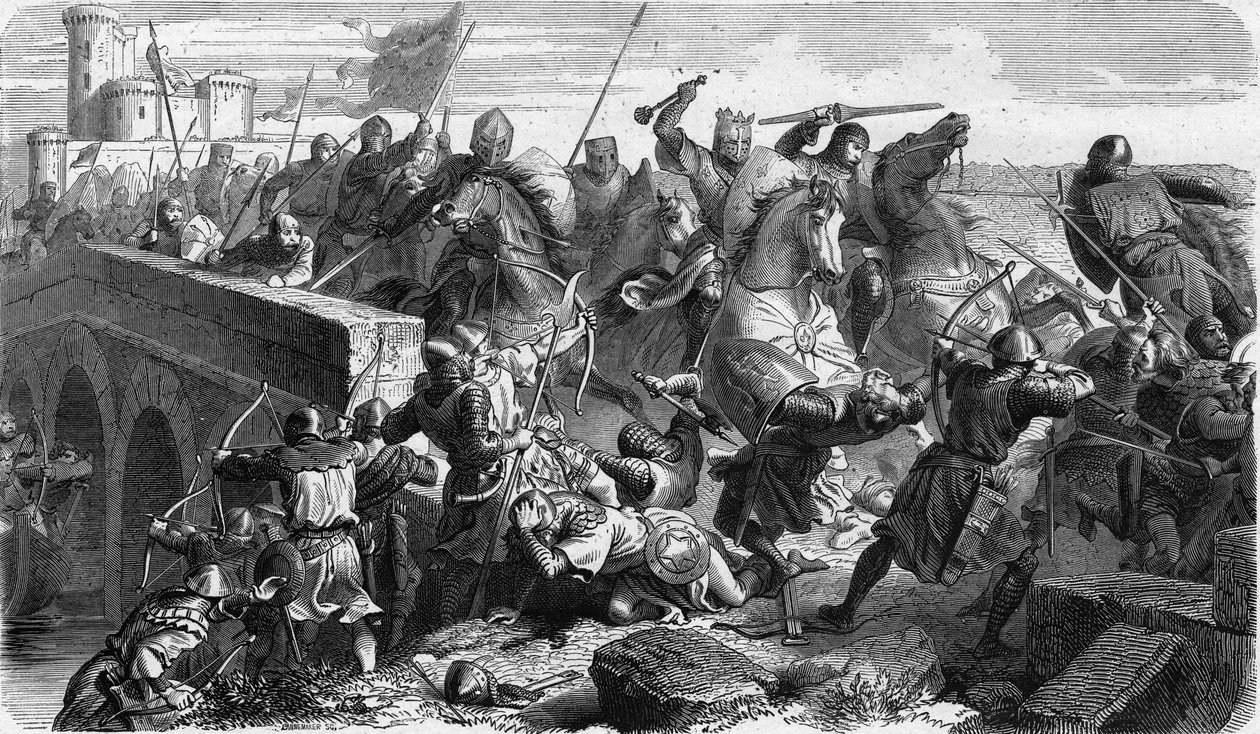 Slaget ved Taillebourg i 1242 opponerte mot de kaptiske troppene til kongen av Frankrike Louis IX (Saint Louis, Saint Louis) og hans bror greven av Poitiers Alphonse mot de av deres vasallopprør, Henrik III av England og Hugues X av Lusignan av Unknown artist