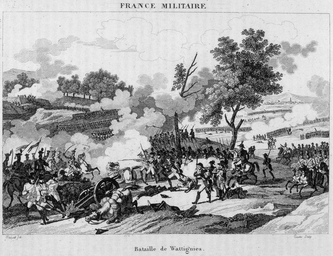 Slaget ved Wattignies: Jourdan og Carnot vant seieren for å låse opp byen Maubeuge beleiret av østerrikerne, oktober 1793. Gravering fra 1800-tallet. av Unknown artist
