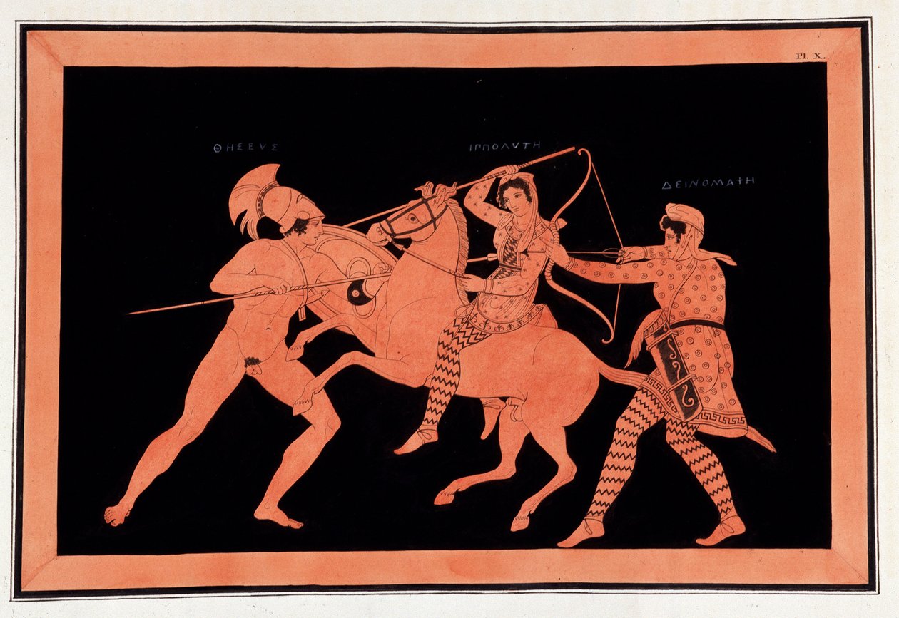 Battle of the Amazons Hyppolyte and Deinomache against Thesee - "" Malerier av eldgamle vaser, ofte kalt etrusker", fra forskjellige samlinger og gravert av A. Clener, ledsaget av forklaringer av A.L. Millen. Av Dubois-Maisonneuve. Maiso bibliotek av Unknown artist