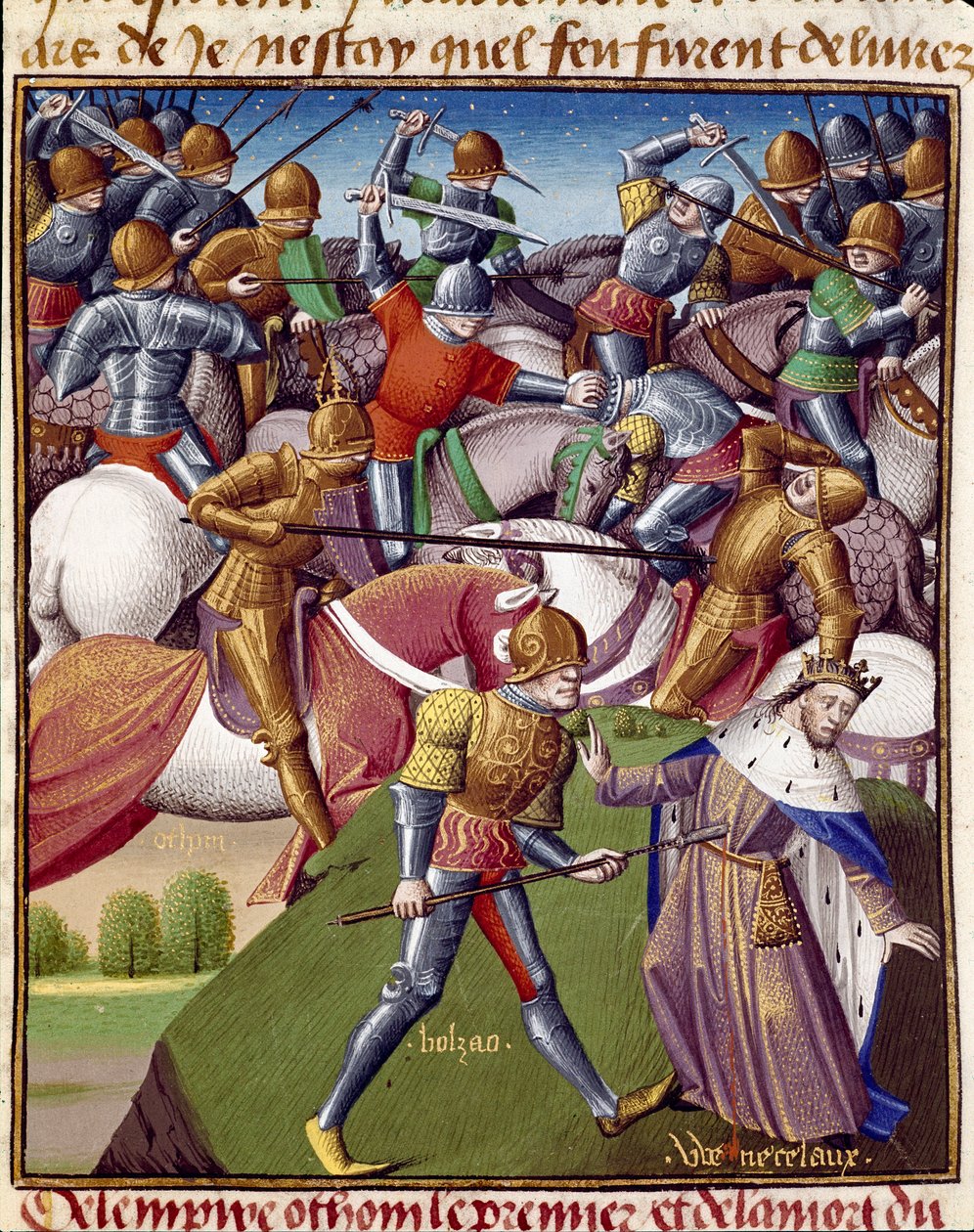 Slaget om soldatene til keiser Othon I (Otton eller Othon I, 912-973). Miniatyr i "" The Historical Mirror"" (Historical Speculum) av Vincent de Beauvais (1190-1264) oversatt til fransk av Jean de Vignay av Unknown artist